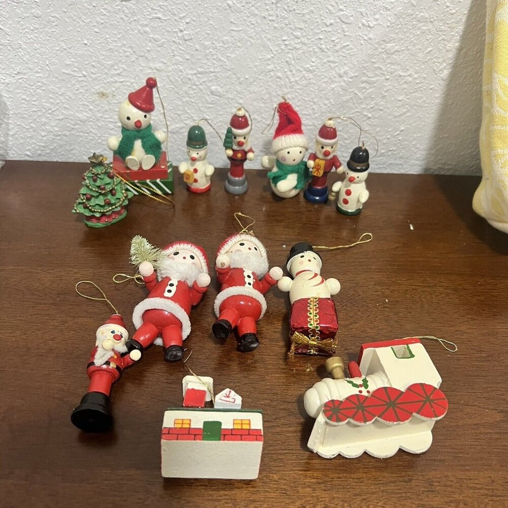 Vintage Wooden Christmas Tree Ornament Santa Snowman Nutcracker